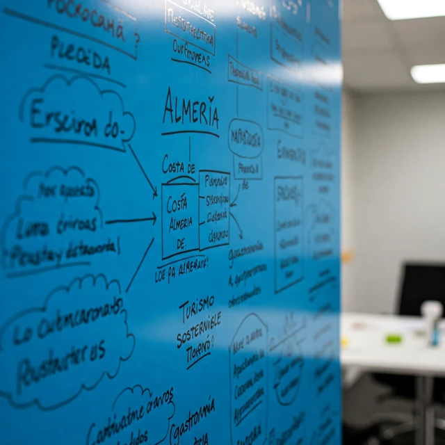 Equipo de marketing analizando datos en una pizarra, estrategia de marketing en Almería