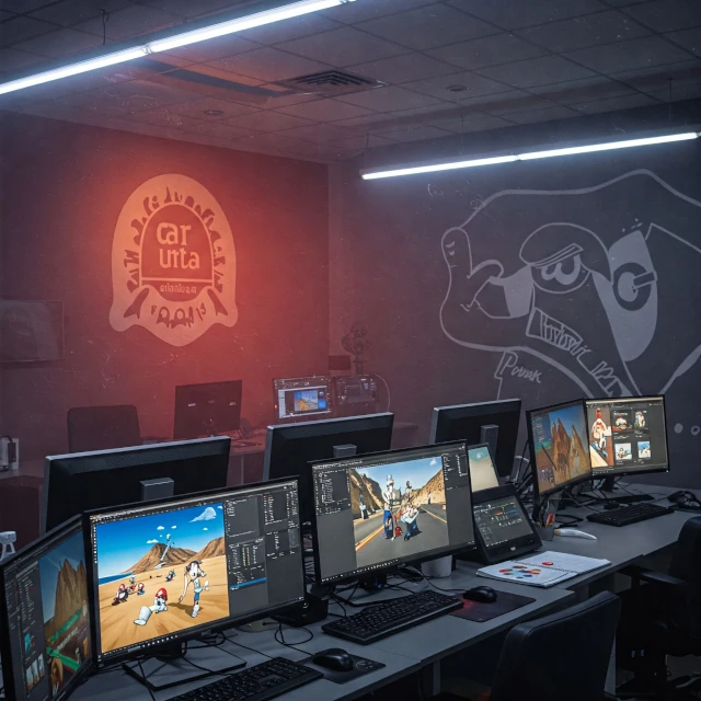 Equipo de animación trabajando en motion graphics y animaciones 3D, con estilo moderno