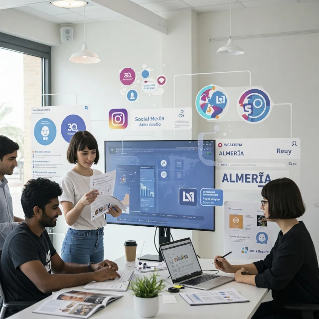 Equipo gestionando redes sociales con gráficos interactivos y publicaciones digitales