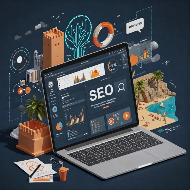 Ordenador portátil mostrando gráficos SEO y palabras clave para Almería