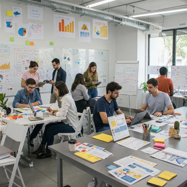 Profesionales colaborando en un entorno creativo que representa los servicios especializados de la agencia en Almería.