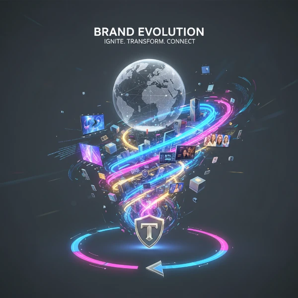 La imagen muestra una representación visual dinámica de una campaña de branding de alto impacto, combinando elementos digitales y físicos para transmitir la transformación estratégica de una marca mediante acciones integradas en múltiples canales.