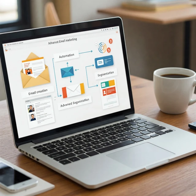 Iconos modernos que representan email marketing avanzado, automatización y segmentación de audiencia