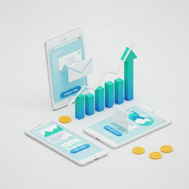 Gráficos ascendentes y dispositivos digitales que ilustran el crecimiento mediante campañas de email marketing automatizadas