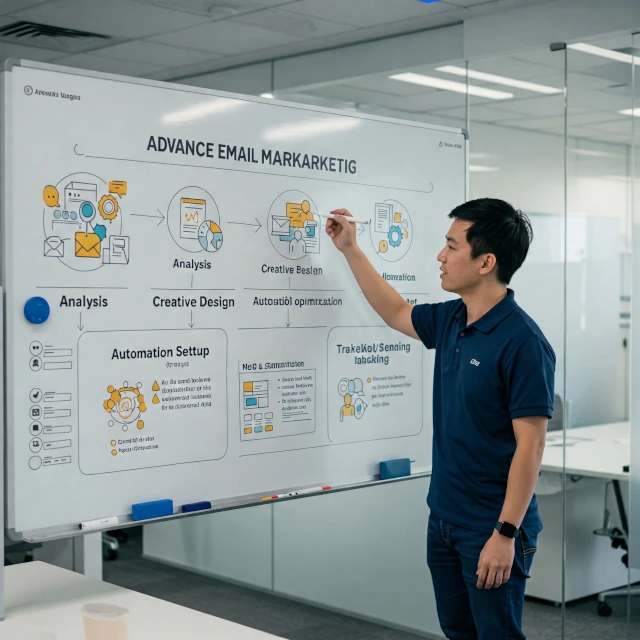 Imagen con infografía que ilustra las etapas de la metodología de Email Marketing Avanzado, desde el análisis hasta la optimización continua.