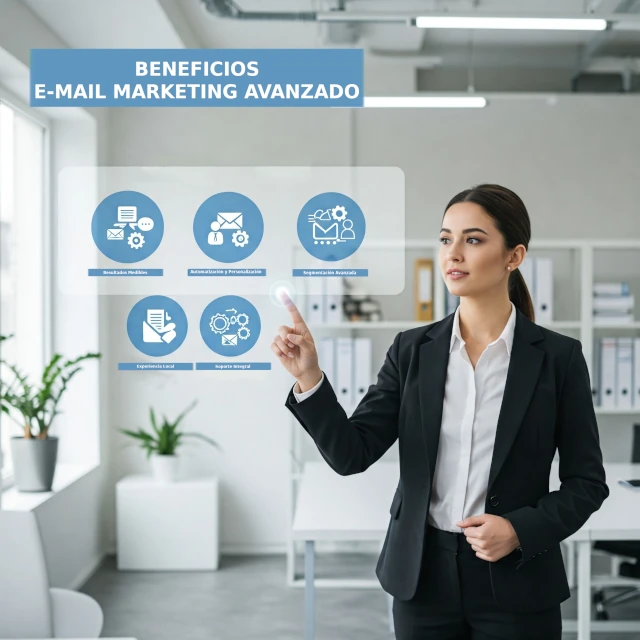 Imagen que muestra iconos representativos de beneficios como automatización avanzada, análisis detallado y atención personalizada para Email Marketing Avanzado