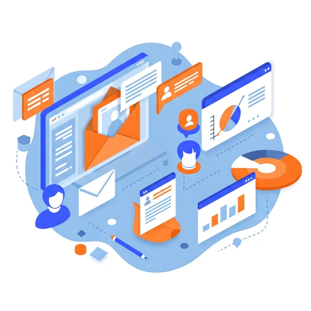 Imagen representativa de Email Marketing Básico, mostrando iconos de correo electrónico, segmentación y análisis de métricas.