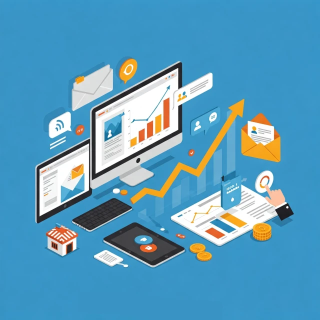 Imagen que muestra dispositivos digitales y gráficos ascendentes, simbolizando el crecimiento y la comunicación efectiva mediante Email Marketing Básico