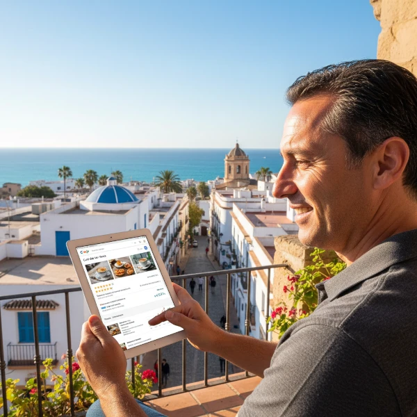 La imagen muestra a un propietario de negocio local utilizando una tablet para gestionar su Perfil de Google Business en una terraza soleada con vistas al Mediterráneo. 