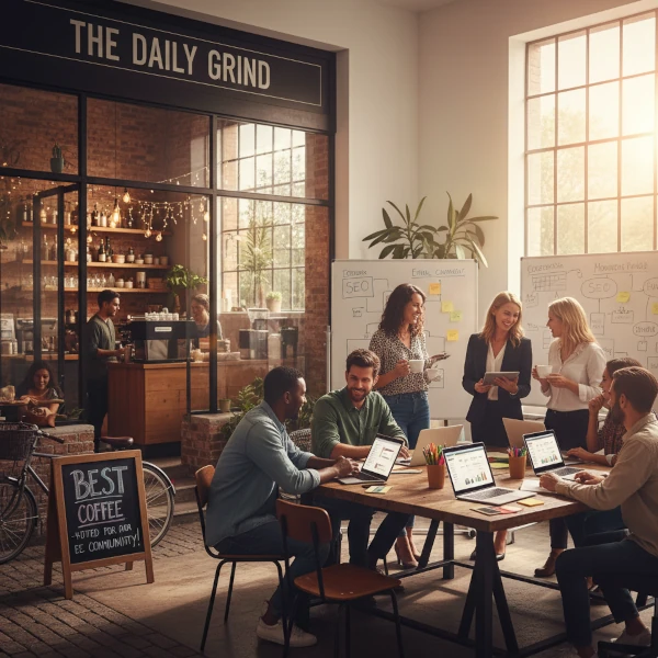 Grupo de profesionales de marketing colaborando activamente en una mesa de trabajo grande dentro de un espacio moderno y luminoso con grandes ventanales. El fondo muestra un vibrante café llamado "The Daily Grind" con clientes y un ambiente acogedor.
