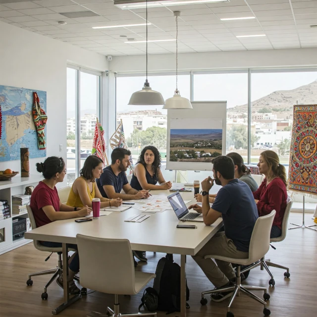 Reunión de equipo en un ambiente creativo, reflejando la experiencia y atención personalizada en Almería