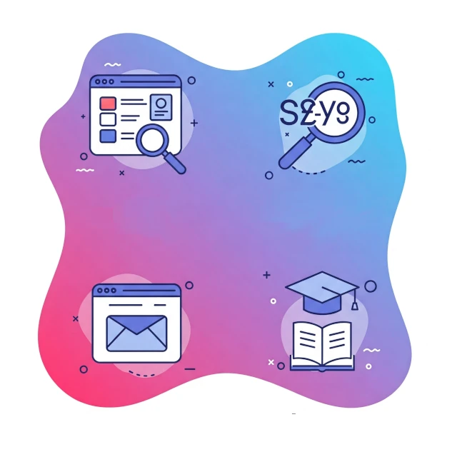 Collage de iconos representativos: diseño personalizado, SEO, formulario de contacto y capacitación