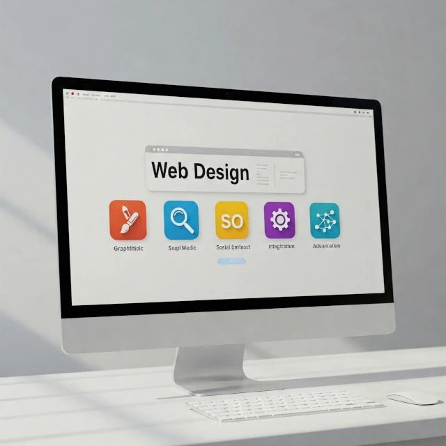 Iconos de diseño web, SEO, integración social y funcionalidades avanzadas representando Impacto Web Premium