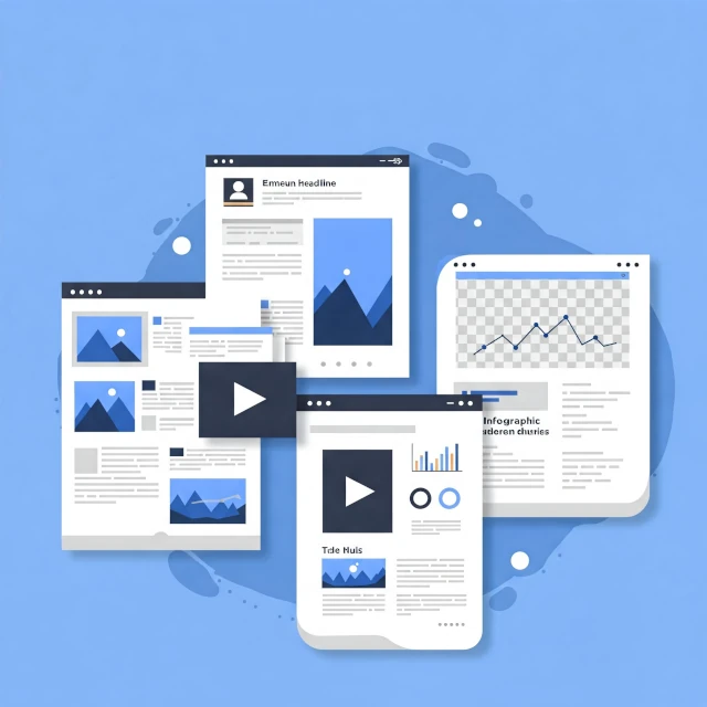 Imagen que muestra iconos de blogs, artículos, vídeos e infografías representando Marketing de Contenidos Avanzado