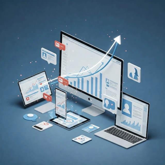Imagen que representa el crecimiento a través de contenido estratégico, con gráficos ascendentes y dispositivos digitales en Almería