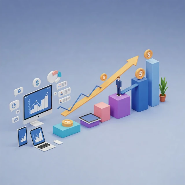 Gráficos ascendentes y dispositivos móviles que ilustran el crecimiento digital y la conversión a través de contenido de calidad