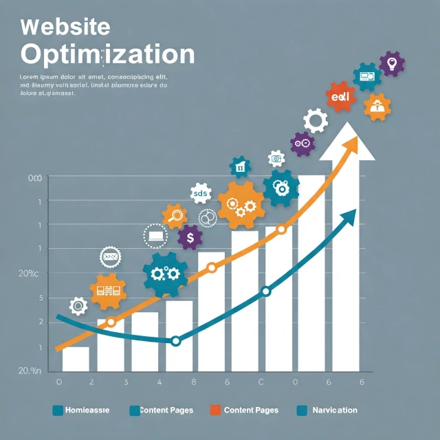 Gráfico SEO de proceso de optimización, con iconos de ajustes o engranajes que simbolizan la mejora técnica.