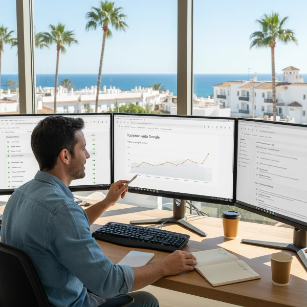 La imagen muestra a un profesional de marketing digital trabajando en estrategias SEO en un espacio de coworking moderno con vistas mediterráneas. Se pueden ver múltiples pantallas con herramientas SEO