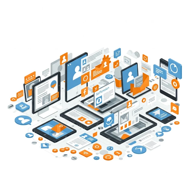 Imagen que muestra iconos de redes sociales, publicaciones y contenido multimedia representando Social Media Avanzado