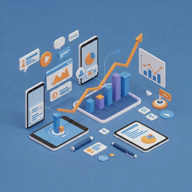 Imagen que representa crecimiento en redes sociales con gráficos ascendentes y dispositivos móviles en Almería