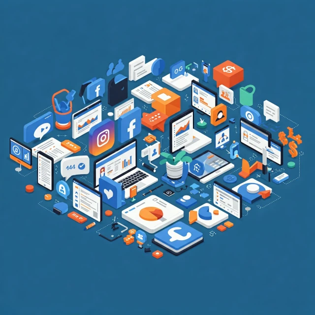 Imagen que muestra iconos de redes sociales, publicaciones y estadísticas, representando los servicios incluidos en Social Media Básico.