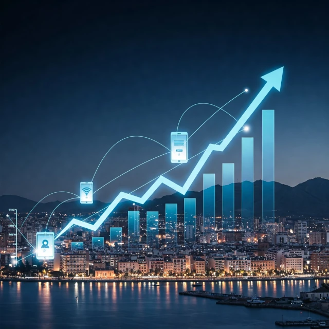 Imagen que representa el crecimiento en redes sociales con gráficos ascendentes y dispositivos móviles, simbolizando cómo Social Media Básico impulsa el éxito de negocios en Almería.