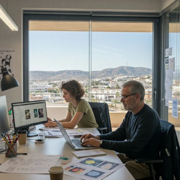 Imagen de programadores web $ ecommerce trabajando en el estudio con un gran ventanal y la ciudad de Almería al fondo.
